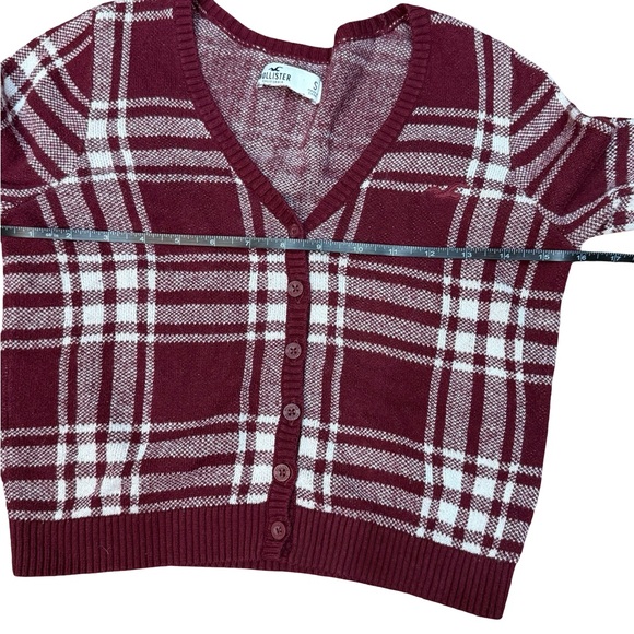 ♥️ Hollister Burgundy White Plaid Cropped Cardigan Size S - Picture 7 of 11